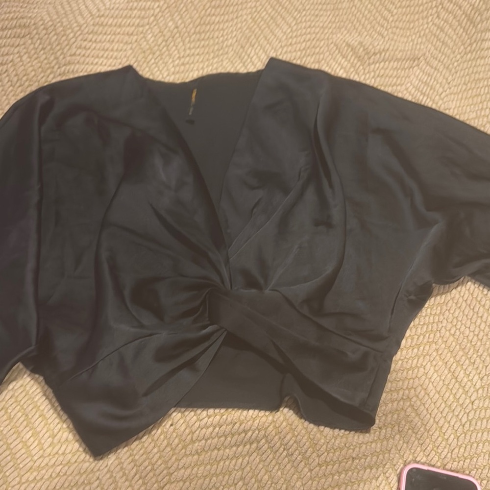 Renee C Black Tie Front Cap Sleeve Blouse